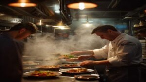 Chefs plating dishes in a busy British restaurant kitchen