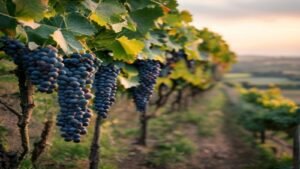 English vineyard rows on a chalk hillside at golden hour