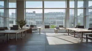 Empty open-plan office floor overlooking a British city