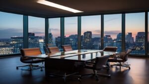 Empty City of London boardroom overlooking the skyline