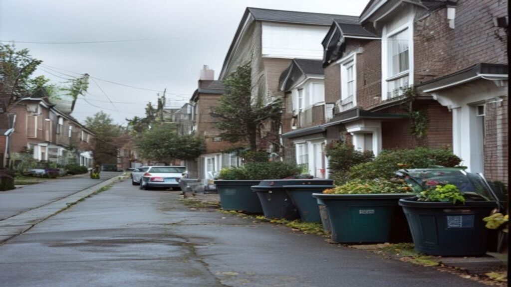 British suburban street with wheelie bins on collection day