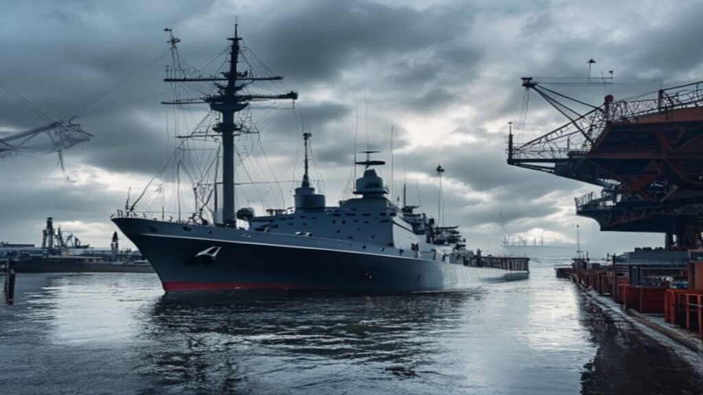 Royal Navy warship alongside at a British naval dockyard