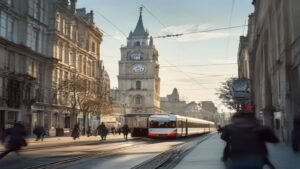 Northern English city centre with civic hall and tram