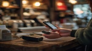 Contactless smartphone payment at a British cafe counter