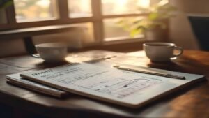 Desk with savings notebook and financial planning materials