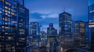 The London Stock Exchange building and City of London skyline at dusk