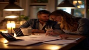 Couple reviewing mortgage paperwork at home