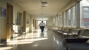 Empty NHS hospital waiting area corridor in England