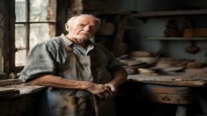Older British worker pausing in a workshop