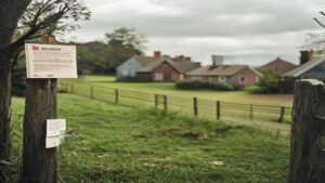 Planning notice on a fence beside an English village field