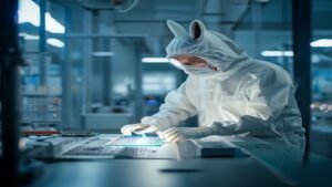 Technician inspecting a silicon wafer in a cleanroom