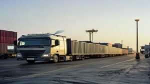 Freight lorries at a UK port customs checkpoint