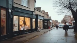 British high street with independent shops and a vacant unit
