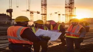 Diverse construction workforce on a British building site