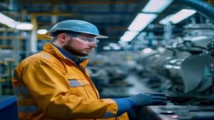 Engineer monitoring precision machinery in a UK factory
