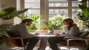 Manager and employee in conversation in a British office